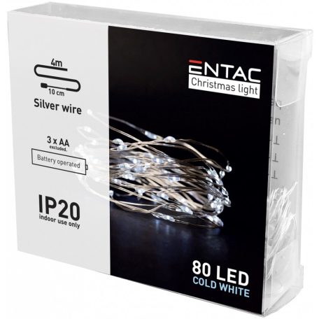 Entac Karácsonyi Beltéri Drótfüzér 80 LED hideg fehér 4m (3AA nt.)