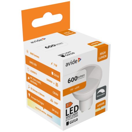 Avide LED Spot Plastic Fényerőszabályzós 7W GU10 NW 4000K