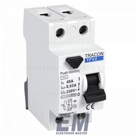 Fi relé 2P 40A 30mA 6kA (AC) áramvédő kapcsoló ÁVK ÉV relé TRACON TFV2-40030