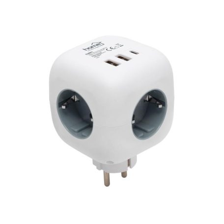 Home CUBE1 kocka elosztó USB töltővel, 3 aljzat gyermekvédelemmel, 1db USB C, 2db USB A, max. 3680 W
