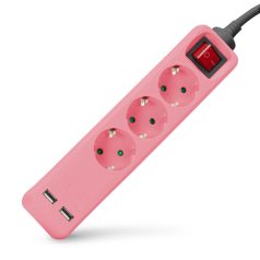   Entac S1 Elosztó 3 Foglalat Kapcsolóval 1,5m 3G1.5 2 USB Pink