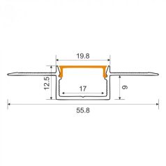   EcoLight Gipszkartonba süllyeszthető aluprofil 17 mm széles 2 méteres szál opál fedővel
